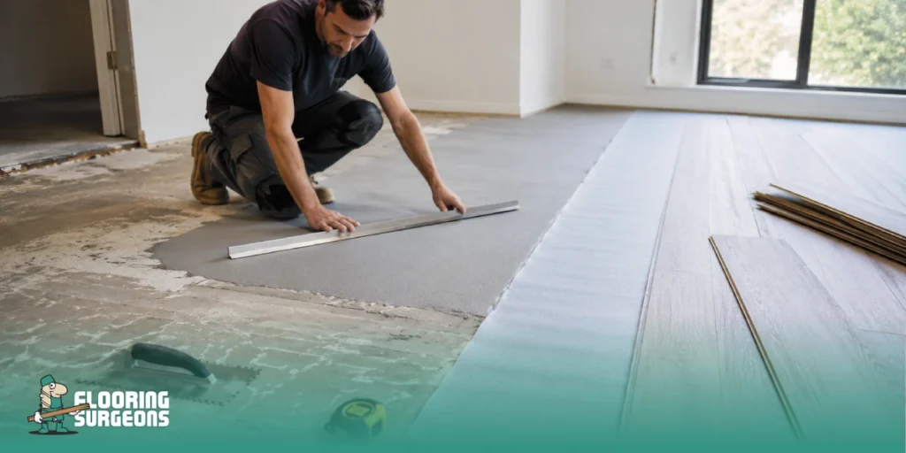 Why Flooring Installation Quotes Vary Between Companies Contractor checking subfloor level during floor preparation before installing underlay and luxury vinyl flooring planks