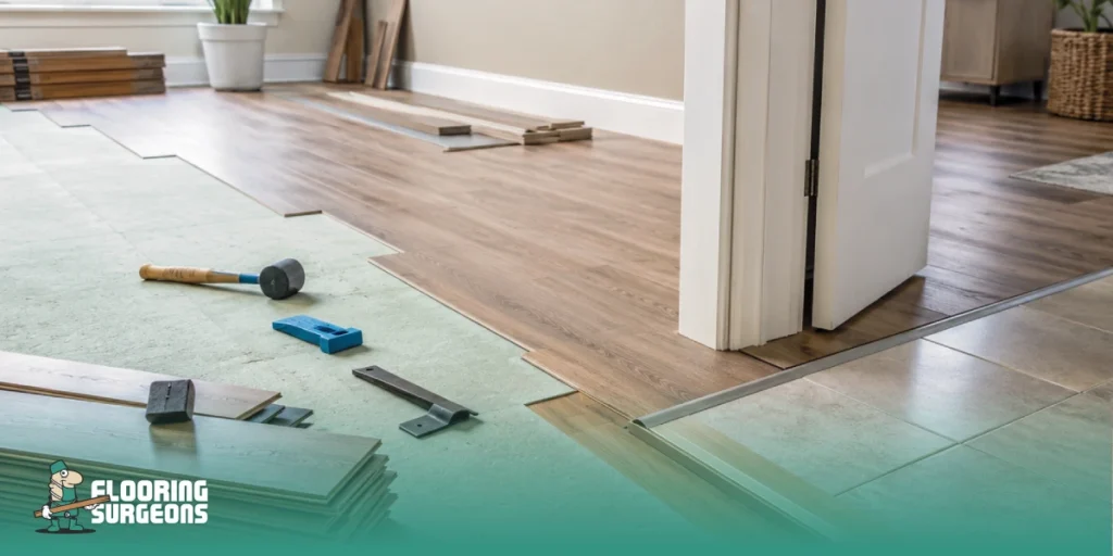Why Flooring Installation Quotes Vary Between Companies Flooring installation in progress with underlayment, transition strips, trims, tools and wood planks in a modern home interior