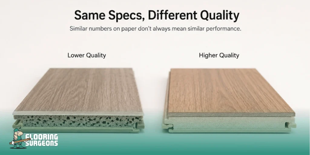 Comparison of two flooring products with similar specifications, showing differences in core density, construction quality, and long-term durability despite matching thickness, waterproofing, and scratch-resistance claims.