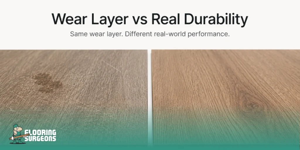 Comparison of two flooring surfaces with the same wear layer thickness, showing how differences in finish quality and protective coating affect scratches, stains, and long-term durability.
