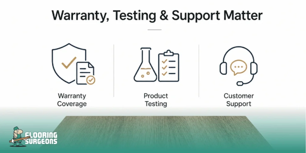Infographic highlighting flooring warranty coverage, product testing, and customer support as key factors when comparing flooring quality, long-term value, and manufacturer reliability.