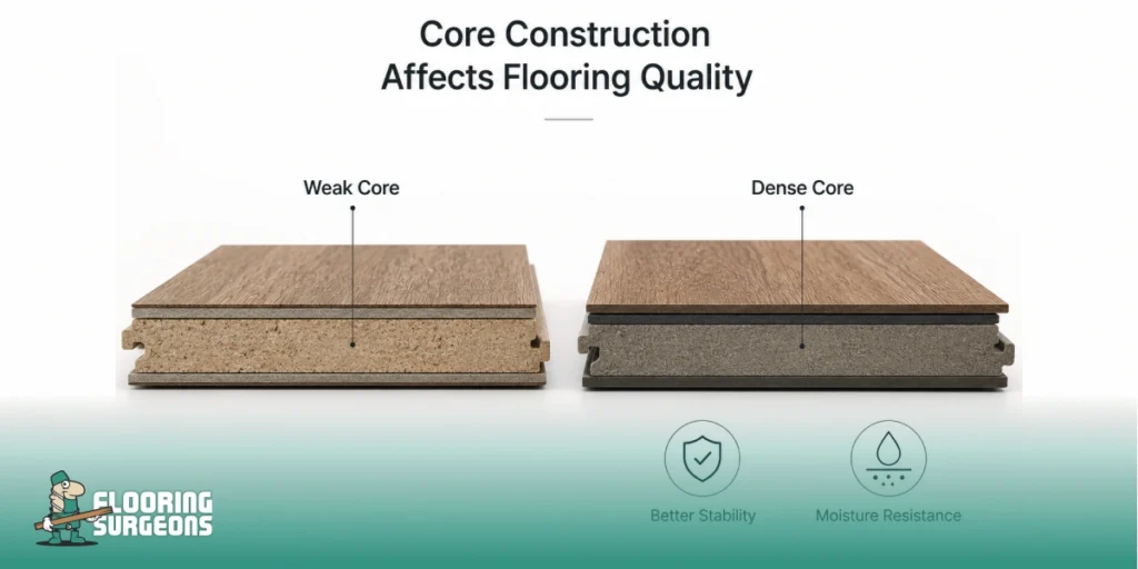 Comparison of weak and dense flooring core construction, showing how core quality influences stability, moisture resistance, structural strength, and long-term flooring performance.