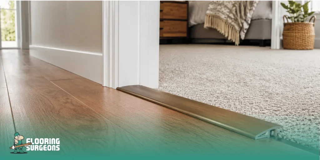 Floor Transition Strips Floor transition strip between wood flooring and carpet at a doorway, covering the joint for a neat and safe finish.