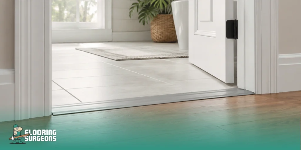 Floor Transition Strips Floor transition strip at a doorway between wood flooring and tile, creating a clean, safe and durable connection between two different floor surfaces.
