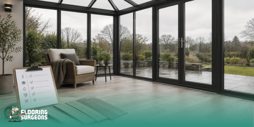 Modern unheated conservatory with LVT flooring samples and an installation checklist for temperature and moisture conditions.