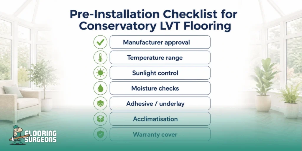 Before ordering conservatory LVT flooring, confirm all of the following
