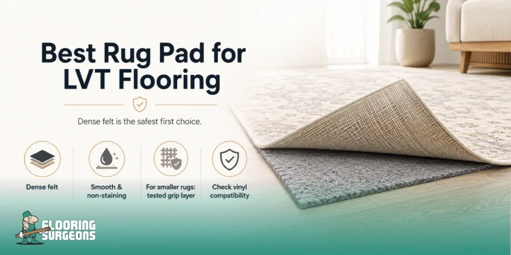 What Rug Pads Are Safe for LVT Dense felt is generally a sensible first option for Luxury Vinyl Flooring because it creates a soft barrier without a sticky surface. It can reduce fine scratching caused by grit and works well beneath a large rug already held in place by furniture.