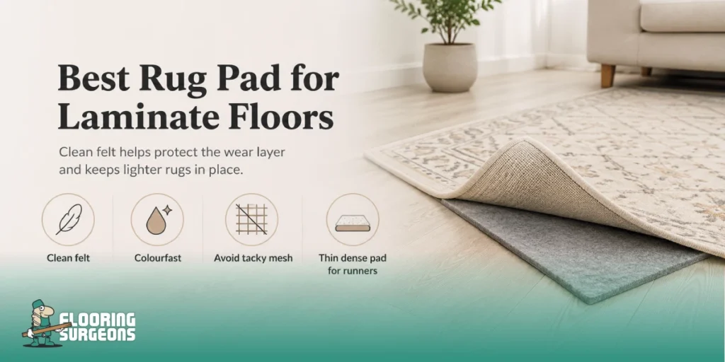 Laminate has a protective wear layer, but trapped grit may still create fine scratches. Clean felt provides cushioning, while a purpose-made area rug pad for laminate flooring can help keep lighter rugs in position.